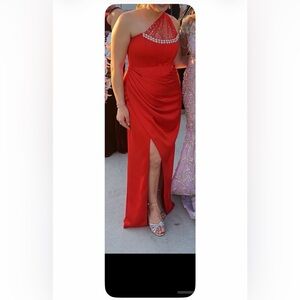 Red Formal Draped Gown with Front Slit